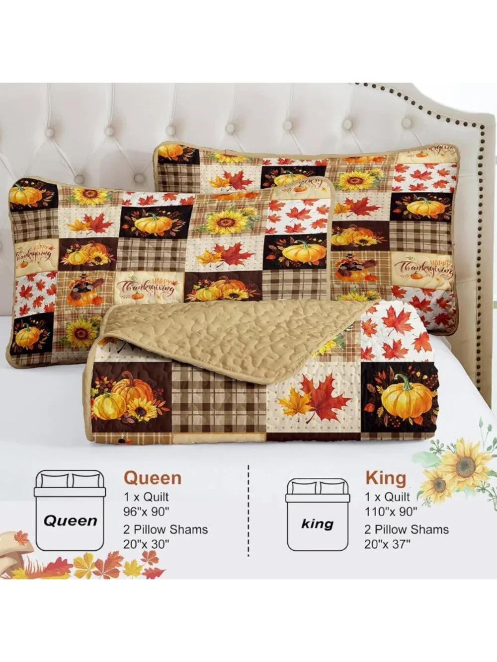 Cozy Fall Patchwork King Quilt Set, 3-Piece Thanksgiving Bedding, Brown Tones